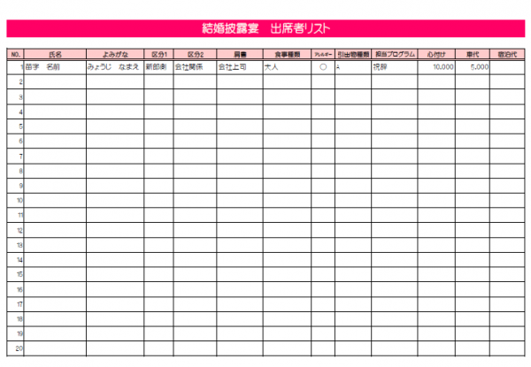 結婚披露宴の出席者名簿のテンプレート書式・Excel