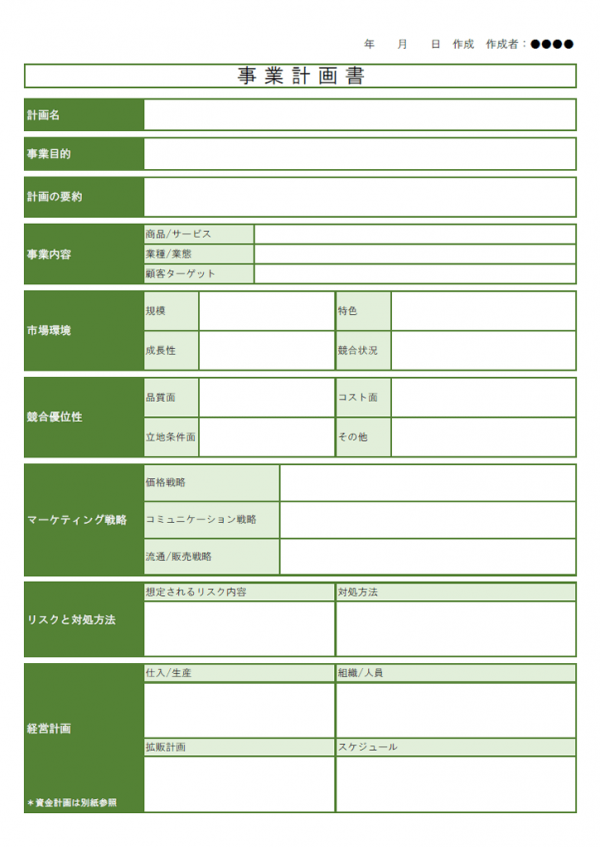 事業企画書のテンプレート書式02・Excel