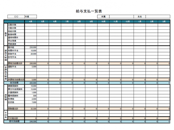 給与の支払一覧表のテンプレート03 Excel 無料のビジネス書式テンプレート