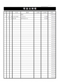 現金出納帳のテンプレート書式・Excel