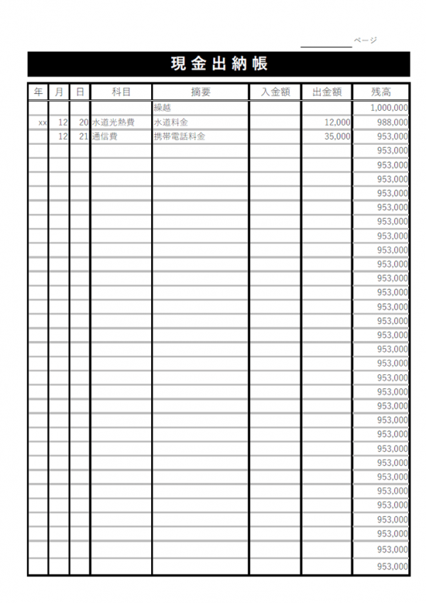 現金出納帳のテンプレート書式・Excel