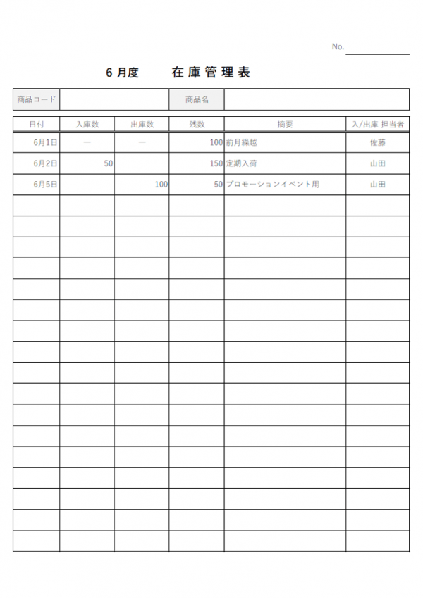 在庫管理表のテンプレート書式・Excel