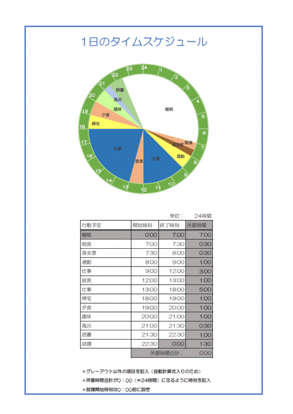 1日のスケジュール表のテンプレート書式05・Excel