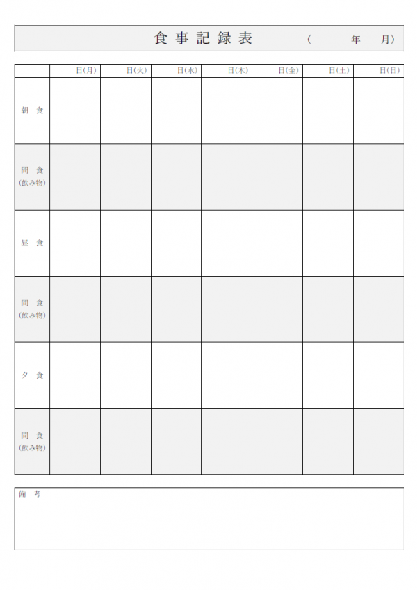 一週間の食事の記録表のテンプレート書式・Word