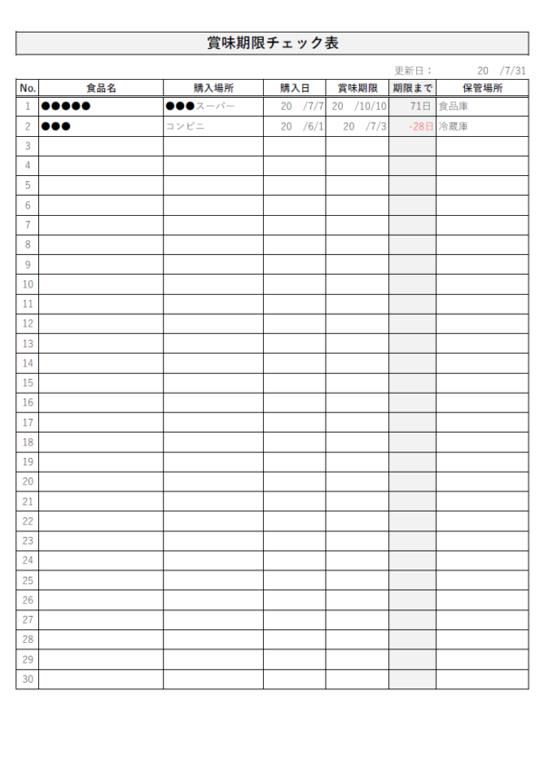 期限表示付きの賞味期限チェック表のテンプレート書式・Excel