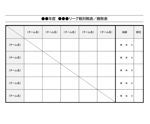 成績表付きのリーグ戦の対戦表（白黒）のテンプレート書式・Word