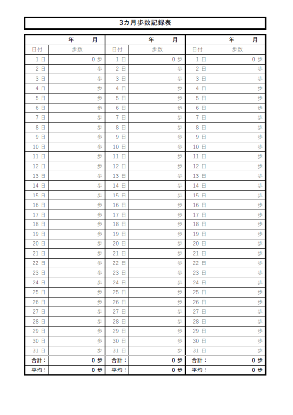3ヵ月間の歩数記録表のテンプレート書式・Excel
