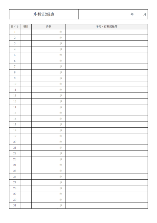一ヵ月間の歩数記録表のテンプレート書式・Word
