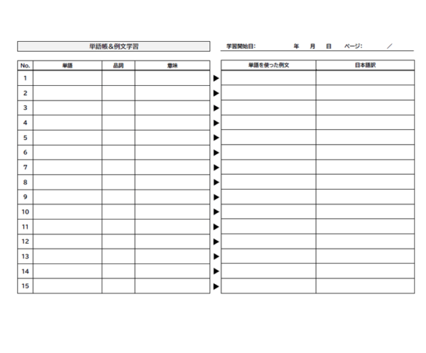 単語帳／例文学習のテンプレート書式・Word