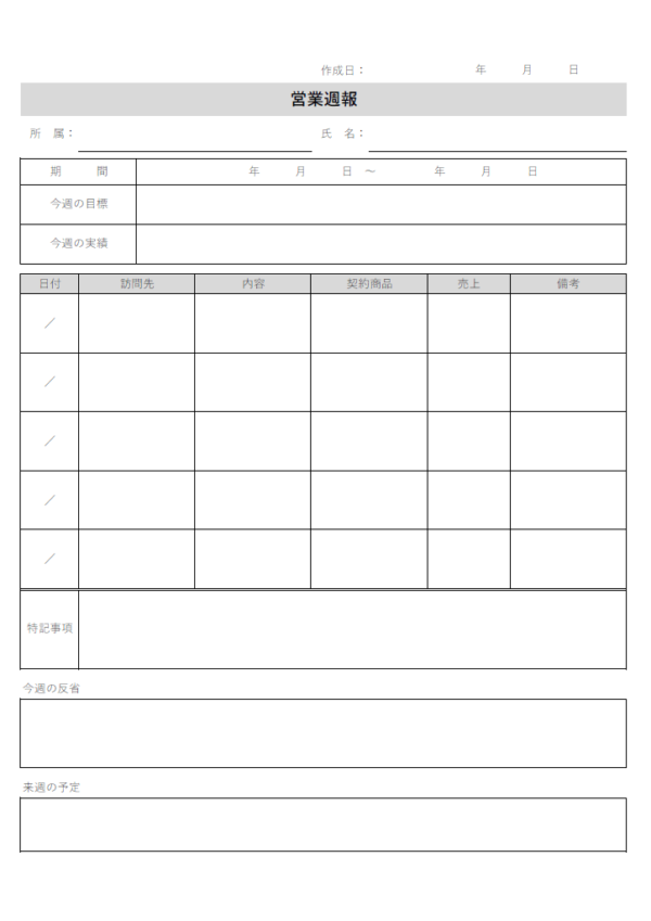 シンプルな営業週報のテンプレート書式・Excel