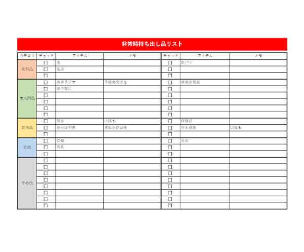 チェック項目付きの非常時持ち出し品リストのテンプレート書式・Excel