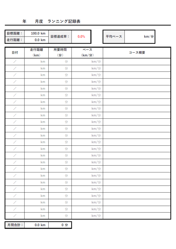 計算機能付きのランニング記録表のテンプレート書式・Excel