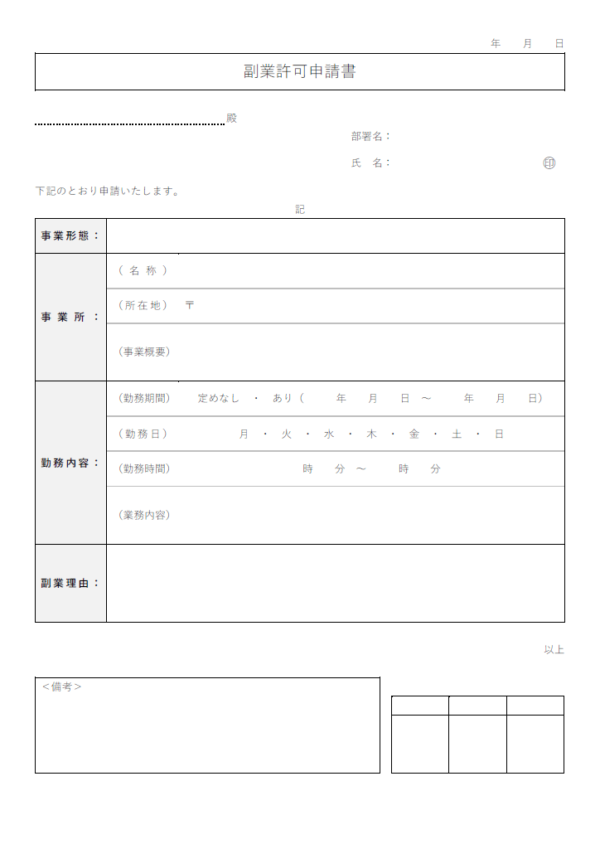 副業許可申請書のテンプレート書式02・Word