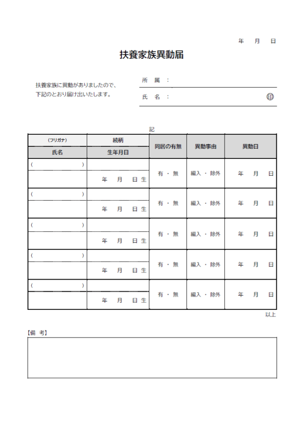 扶養家族異動届のテンプレート書式03・Word