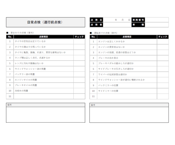 業務用自動車の日常点検表／運行前点検のテンプレート書式03・Word