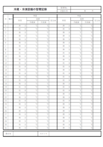 一ヵ月間の冷蔵・冷凍設備の管理記録簿のテンプレート書式・Excel