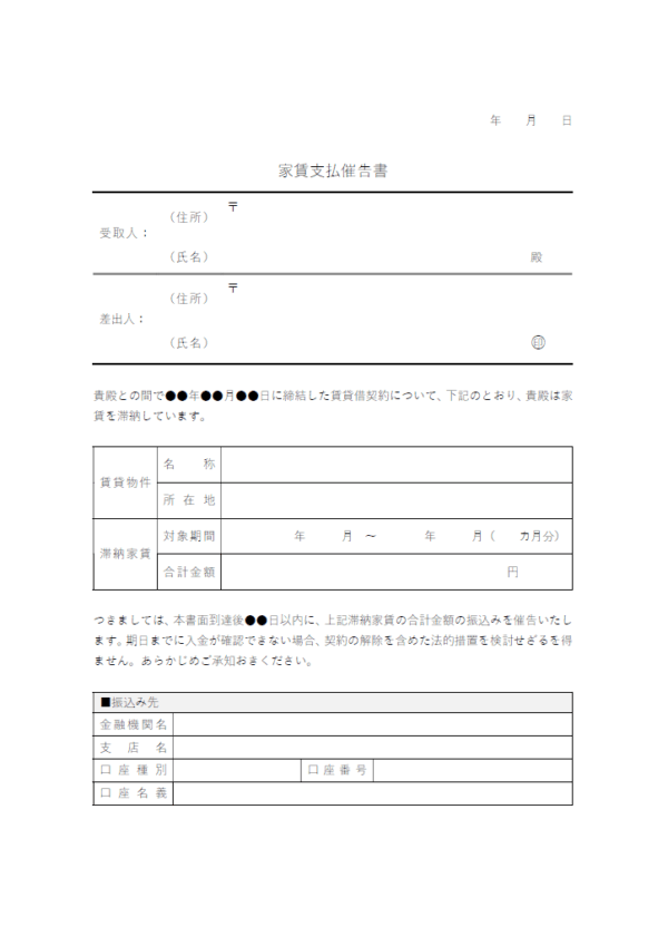家賃支払催告書のテンプレート