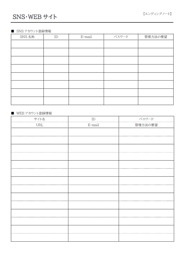 SNSやWEBサイトのエンディングノートのテンプレート