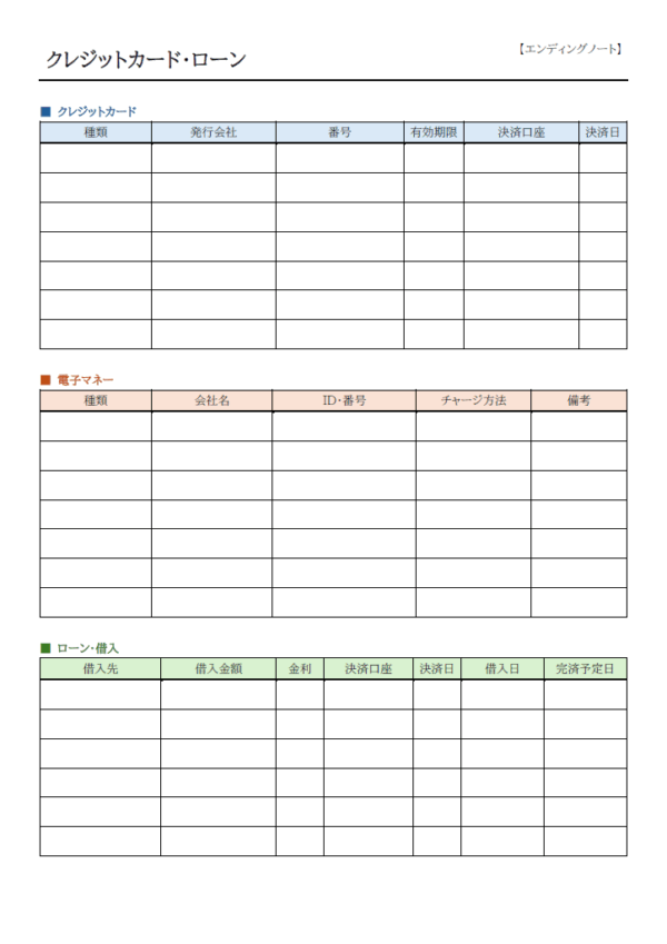 クレカや電子マネーなどのエンディングノートのテンプレート
