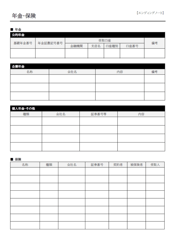 年金や保険などのエンディングノートのテンプレート