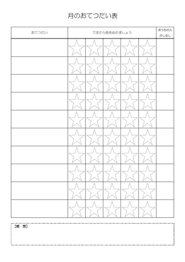 園児向けのお手伝い表のテンプレート