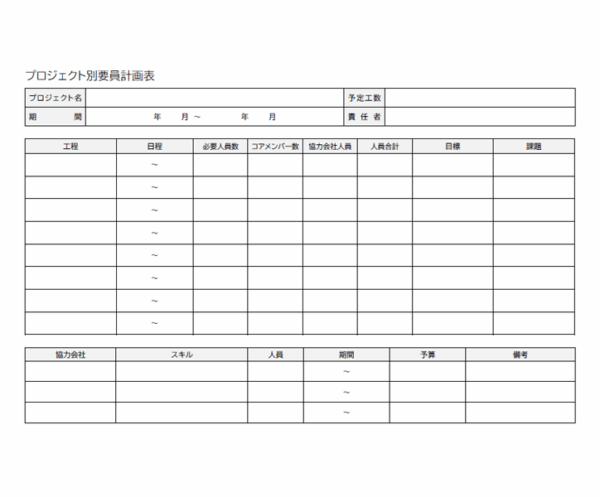 プロジェクト別の要員計画表のテンプレート